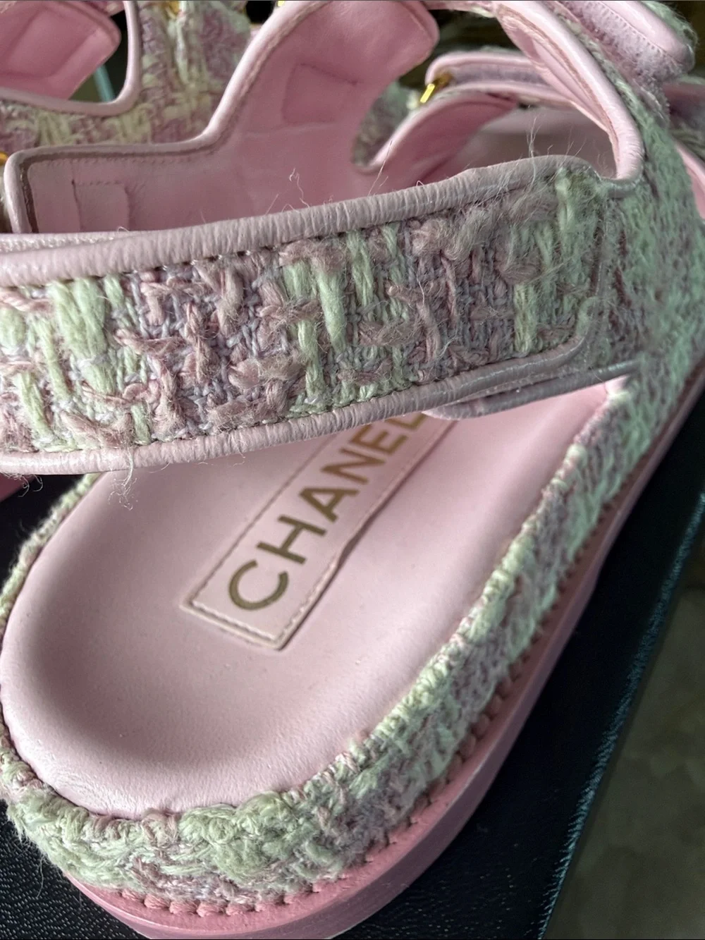CHANEL Pink Tweed Women’s Sandals with Gold CC Buttons.